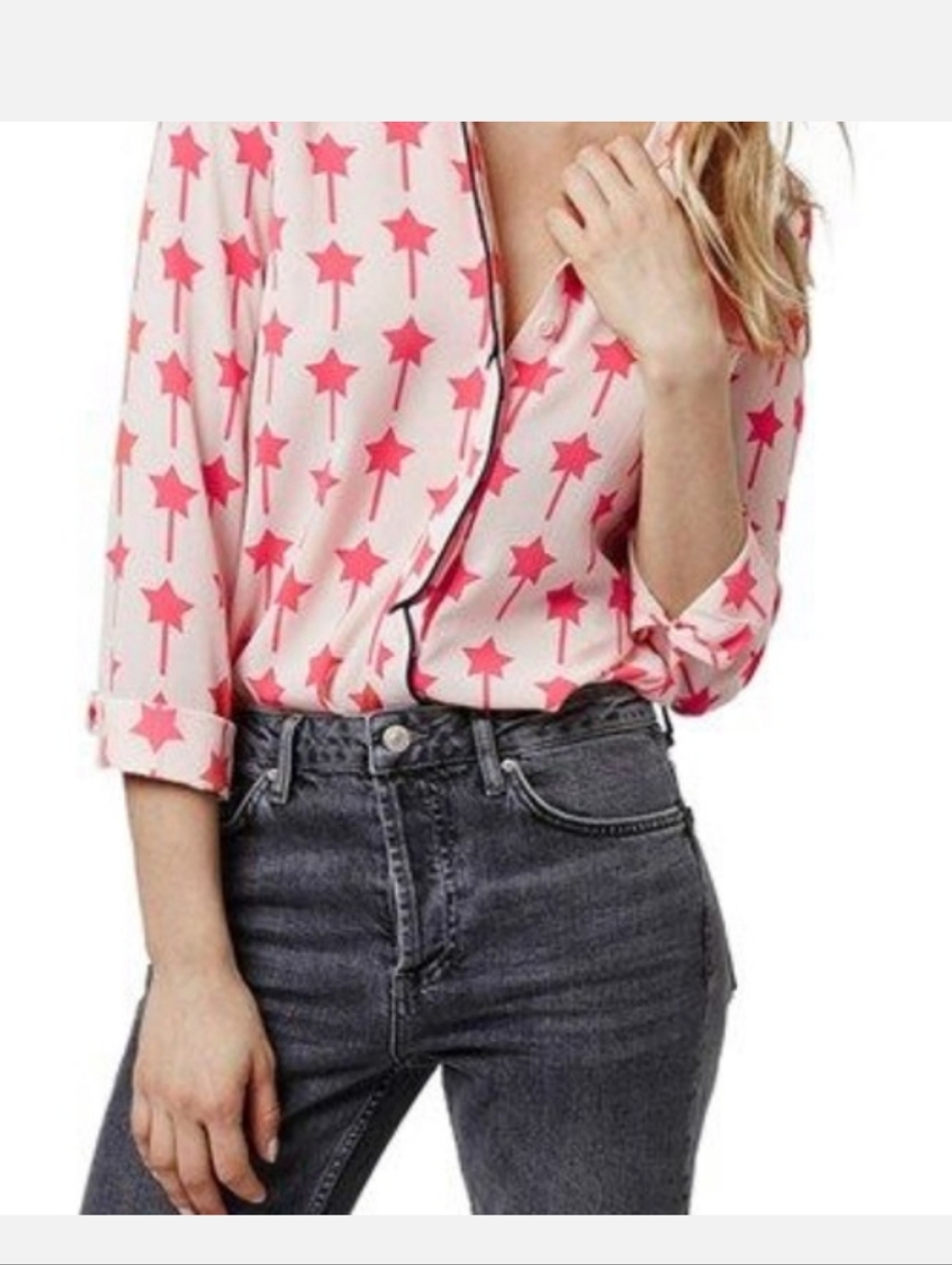 Topshop Cream Blouse Womens 4 Coral Star Print Black Trim Button Down - Picture 3 of 8